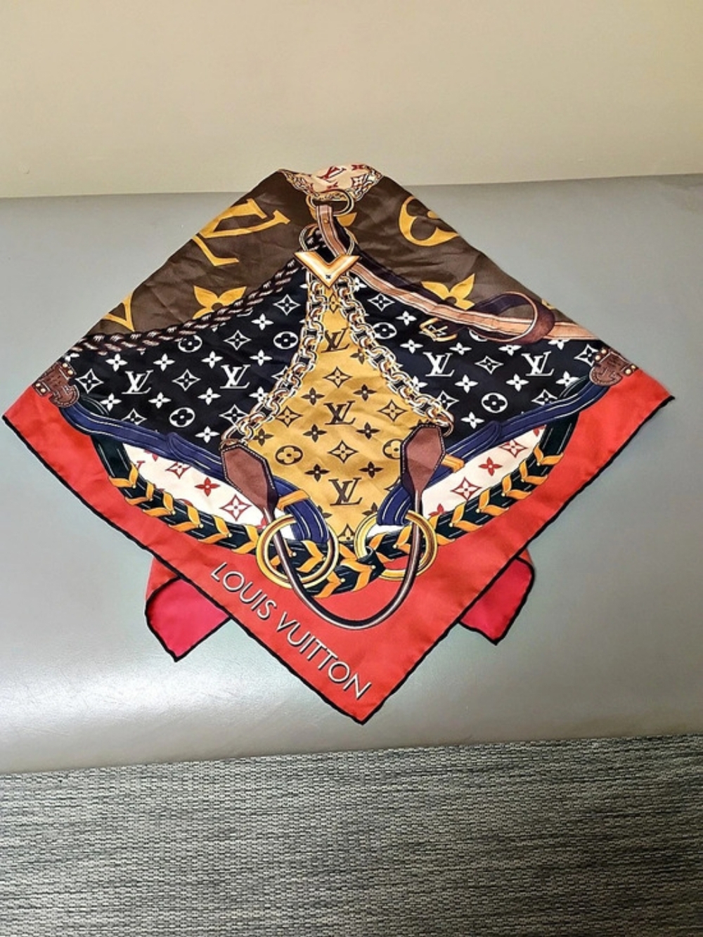 Louis Vuitton Monogram Silk Chain Print Square Scarf Red & Brown